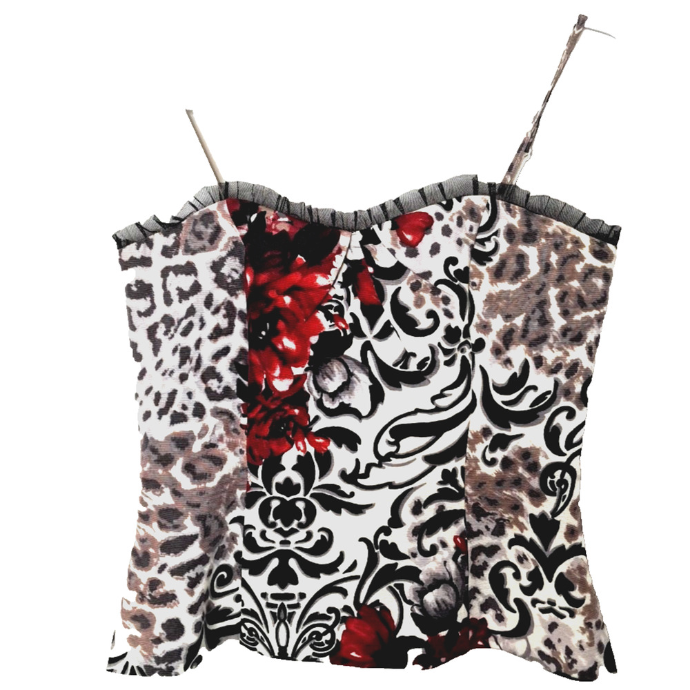 WHBM Y2K Floral Lace Trim Corset Top Size 0 White Red Fairy Grunge WhimsiGoth